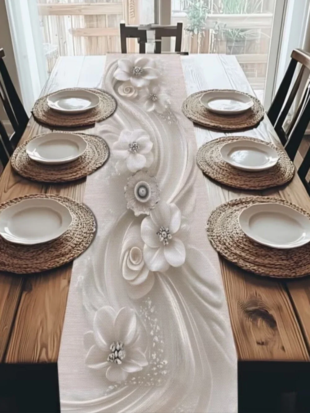 Elegant Ivory Floral Table Runner – Embossed Petal Design